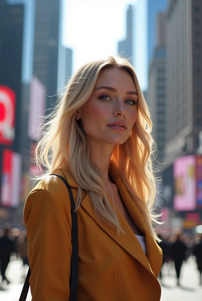 create an influencer,blonde hair,Scandinavian,light eyes,light brown skin, spotty, girl next door,detailed body to face, im Bett, 8k resolution,in New York,During the day, in sun,body should be completely visible, elegant clothing,with handbag, in the middle of time square,photo taken with camera flash, from front view