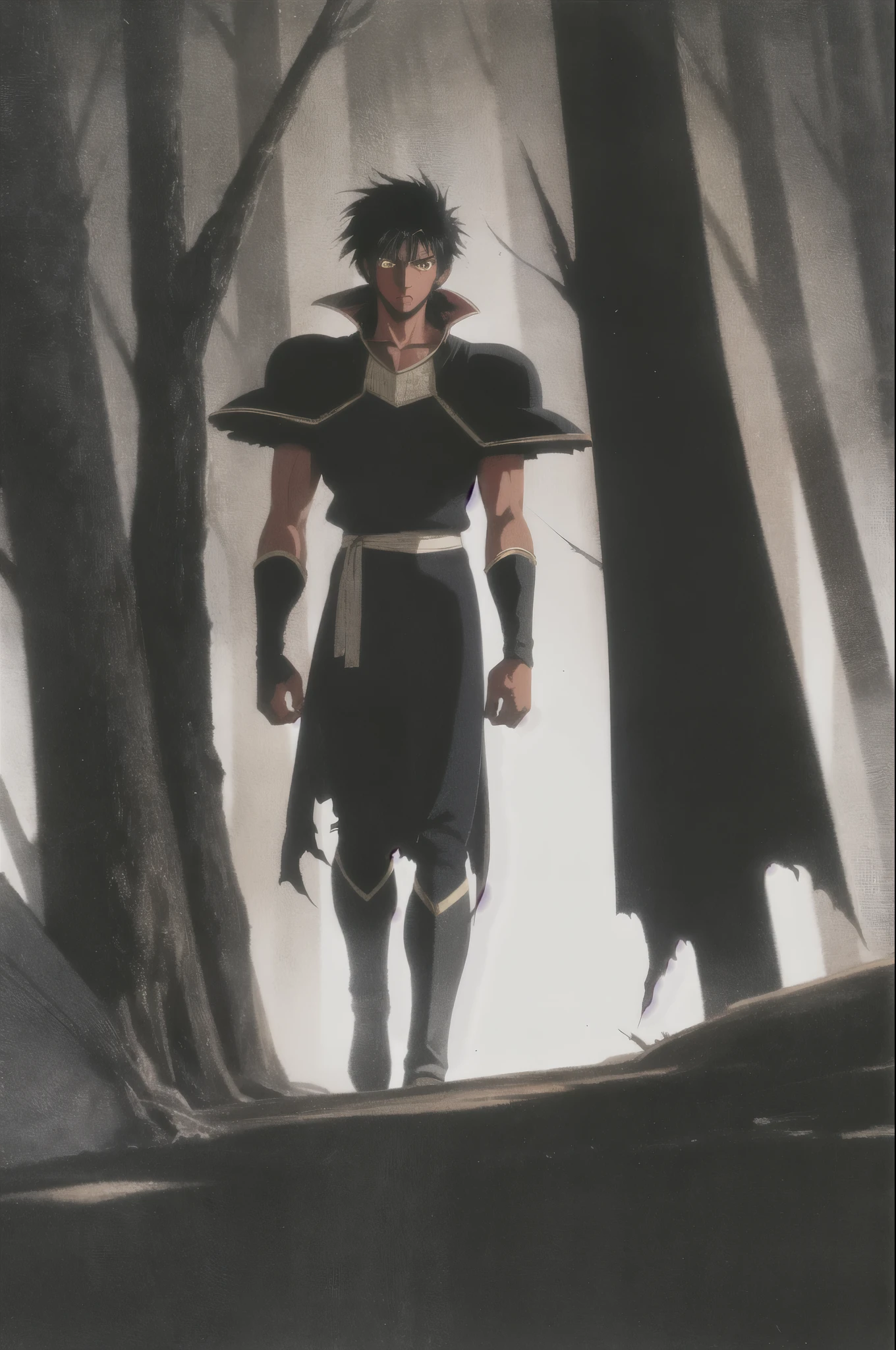 1 Dark-skinned man with yellow eyes, black hair wearing black armor with black hair on his shoulders and a torn cape, walking in a dark forest with a red sword in his hand 1980s \(style\), full body,