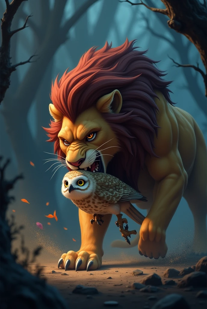 an animated image of a lion killing an owl