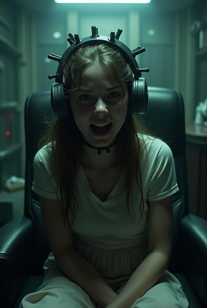 a terrifed 18 year old girl, horror, in a chair with crazy looking mind control headgear, dark laboratory in the background (best quality,4k,8k,highres,masterpiece:1.2),ultra-detailed,(realistic,photorealistic,photo-realistic:1.37),HDR,UHD,studio lighting,ultra-fine painting,sharp focus,physically-based rendering,extreme detail description,professional,vivid colors,bokeh,dramatic lighting,chiaroscuro,dark shadows,dramatic atmosphere,,cobwebs,dramatic pose, horrified expression.