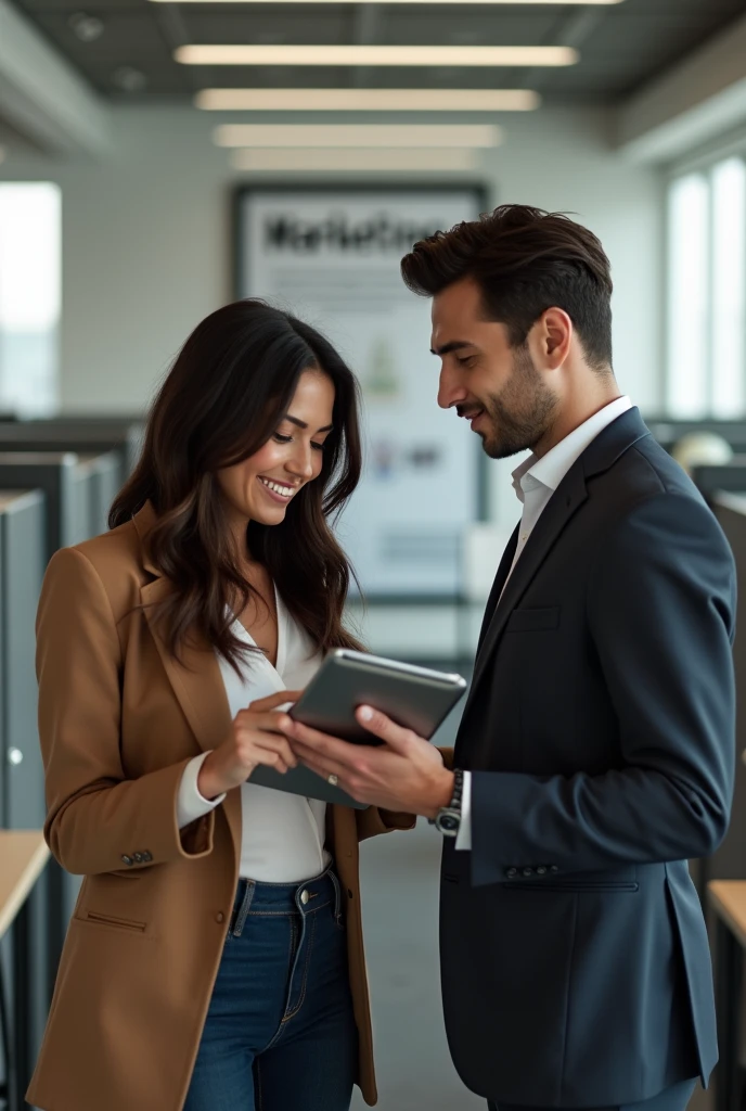In a nice office with cubicles there are two people, an attractive woman looking at ipad smiling, Beautiful Latin Woman, and an attractive man talking to the woman, They are sitting next to each other in their offices, natural light, In the background a poster that says marketing.