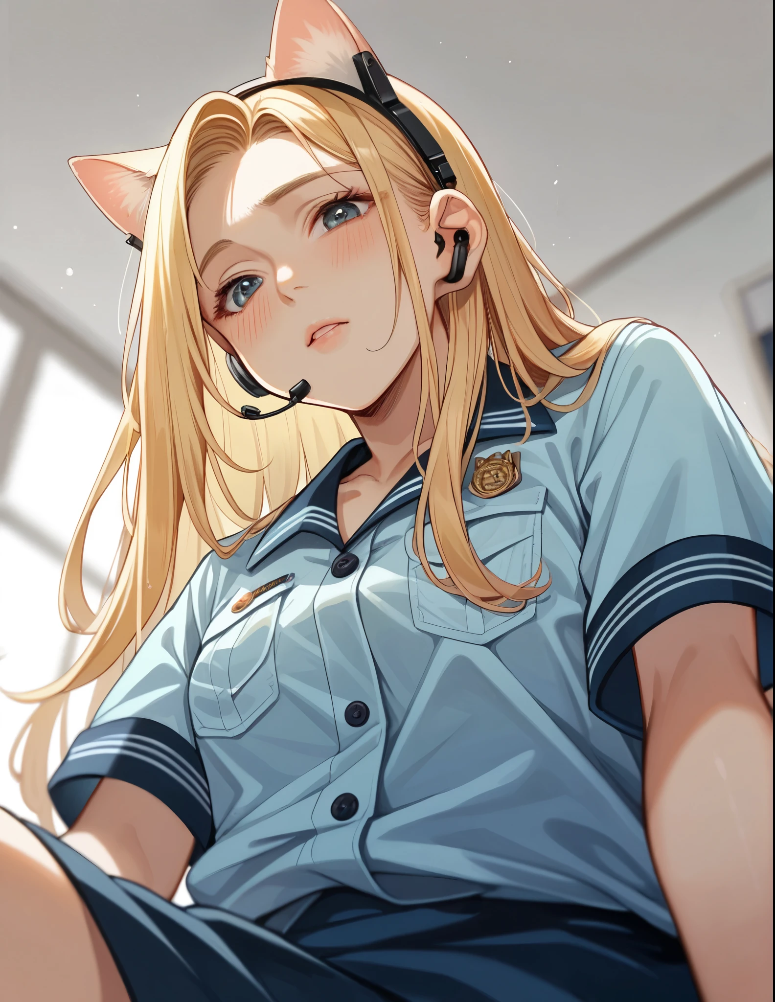 sitting1 person, High resolution, Long Hair, chest, Blushing, Blonde, Cat ear, Blurred, Dutch Angle, earphone, (from below:1.5), summer uniform,