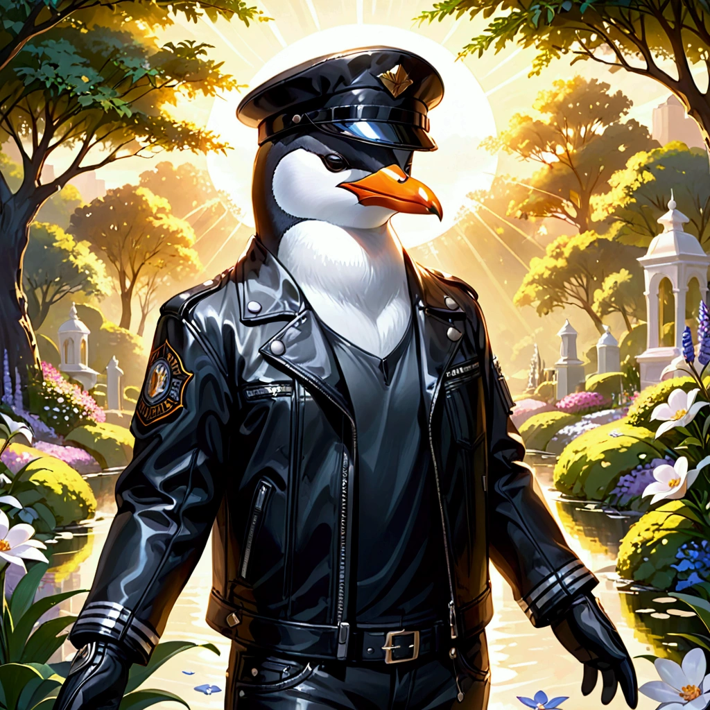 Closeup, An extremely badass anthropomorphic penguin wearing an insanely cool black leather Harley Davidson biker jacket open, black leather biker hat, black leather biker gloves, black leather biker pants in a tranquil garden with ethereal blossoms embody essence and awakening, reflection and harmony as beams of radiant light create a mystical connection and essence of clarity, purity, and inner peace, blossoming flowers and rejuvenating nature essence embodying spiritual enlightenment, digital painting, ultra-realistic, golden hour lighting, high dynamic range.