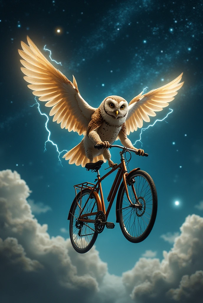 Starry Sky, art, as under deep sea lighting, Lots of sparkling stars、 realistic, A lightning-shooting owl riding a bicycle、in deep space, cosmic shower、
