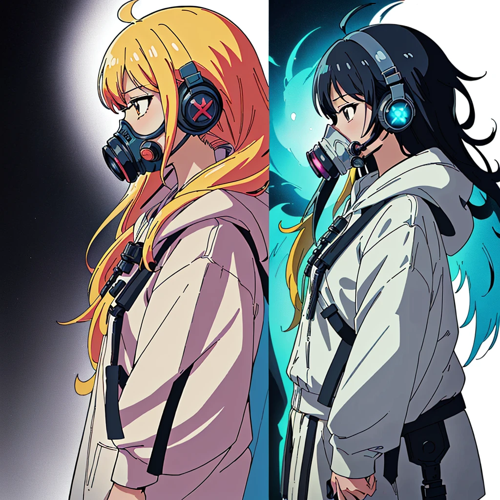 One girl,(((Highest quality、masterpiece、Official Art、Very detailed、Anime Style、Best dynamic composition、profile、Perfect Anatomy)))、 Headphones, hoodie, Vibrant colors, neon, White Background、gas mask、