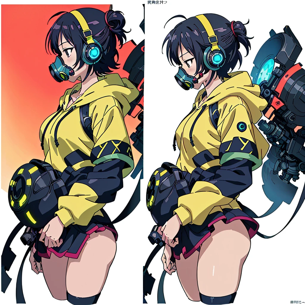 One girl,(((Highest quality、masterpiece、Official Art、Very detailed、Anime Style、Best dynamic composition、profile、Perfect Anatomy)))、 Headphones, hoodie, Vibrant colors, neon, White Background、gas mask、