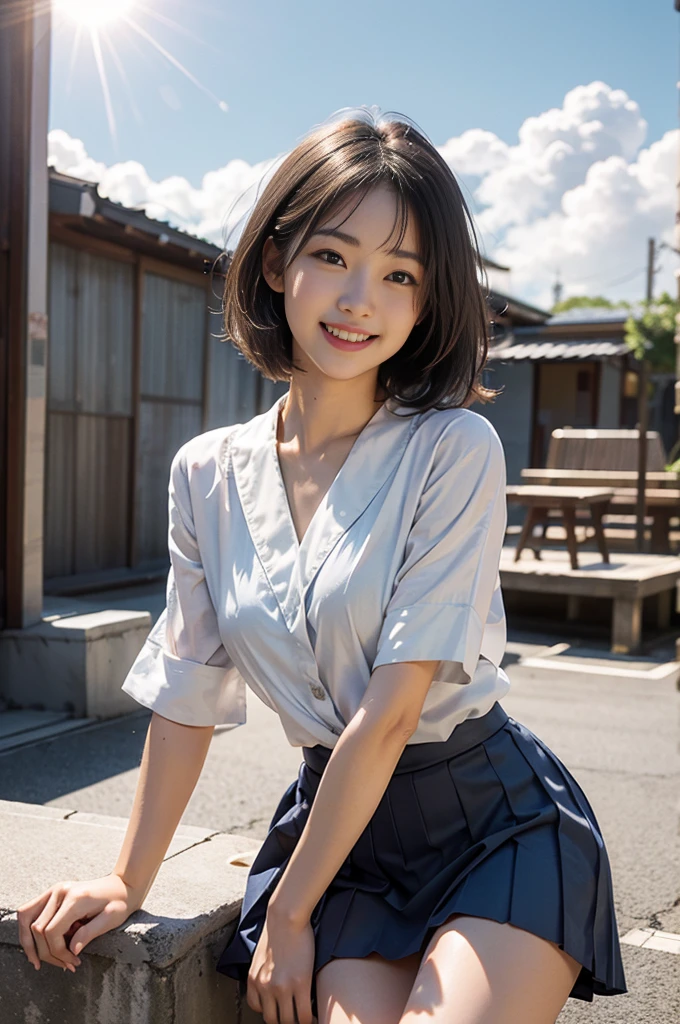 Tabletop, highest quality, Japanese girl, 8k, highest quality, Tabletop, Hmph:1.2, Highly detailed RAW color photos, Professional Photos, (Realistic, Realistic:1.37), (Highly detailed skins:1.2), Ultra-high resolution, (Lenz 50mm), (Tabletop, highest quality:1.3), (Ultra detailed 8k cg:1.2), (超Realisticな:1.35), (topless:1.5),(Realistic:1.45), (Realistic:1.4), Cowboy Shot, 1人の美しいJapanese women, 22 years old, Supermodel, Japanese Idols, __Performance__, Big Breasts, (Uniform skirt:1.4), (The background is inside the arcade:1.1)、Huge areola、(Nipple slip)、Puffy areola、Young and adorable Japanese face、Portrait of a female idol in Japan、Japanese women、Messy hairstyle、Popular makeup in Japan、Bare Chest、nude,Browsing Caution、Laughter、With a backpack