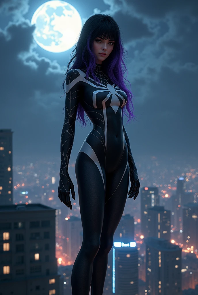 A Brazilian girl with dark skin color, long black hair with a purple streak on the side of the hair and a fringe covering half of the forehead, dark brown eyes shining in the night sky of a brightly lit city, body with pronounced curves, thin face with big cheeks and a sweet and cute look, wearing the Spider-Woman costume *SILK* white and black with web patterns covering the suit and a spider symbol on the chest, and a white mask with a web pattern covering his entire mouth, hanging from the top of a building looking for bandits to stop, standing next to a cloud-covered full moon