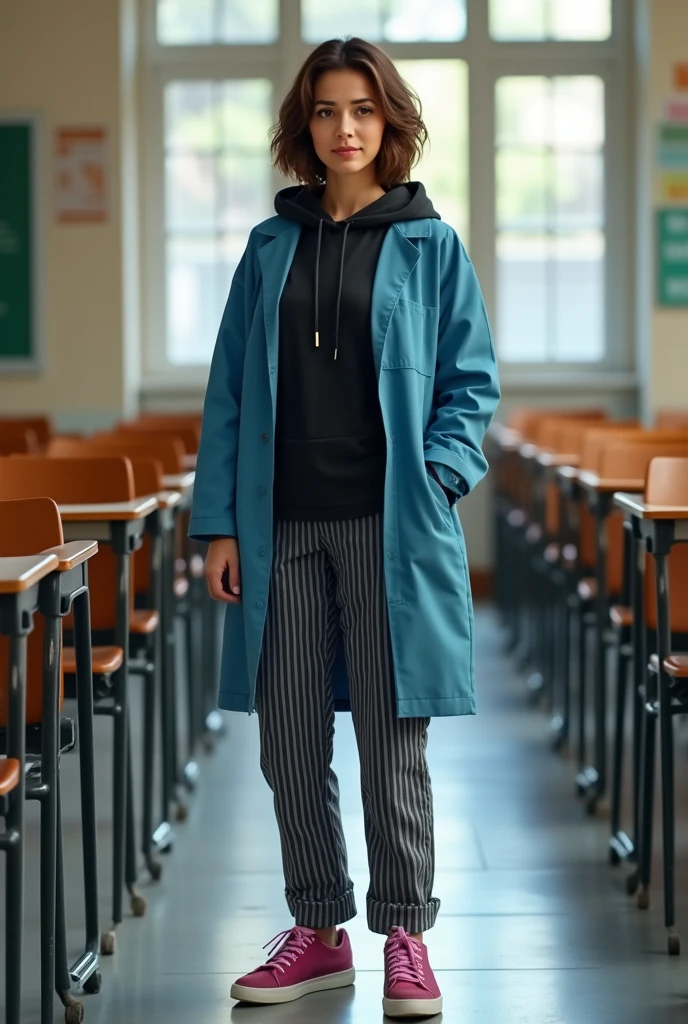 A Brazilian woman teacher short hair to shoulder length medium brown,  light skin color, black long sleeve hooded blouse, striped pants and dark pink sneakers with a blue lab coat at a school 