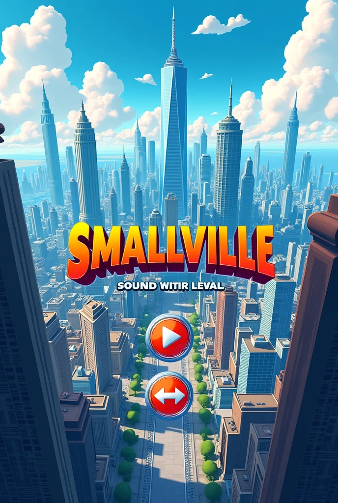Create an image of a home page of a game called "Smallville", which is a big city game. Add elements like the name in the center and the play button and the settings button. drawing style