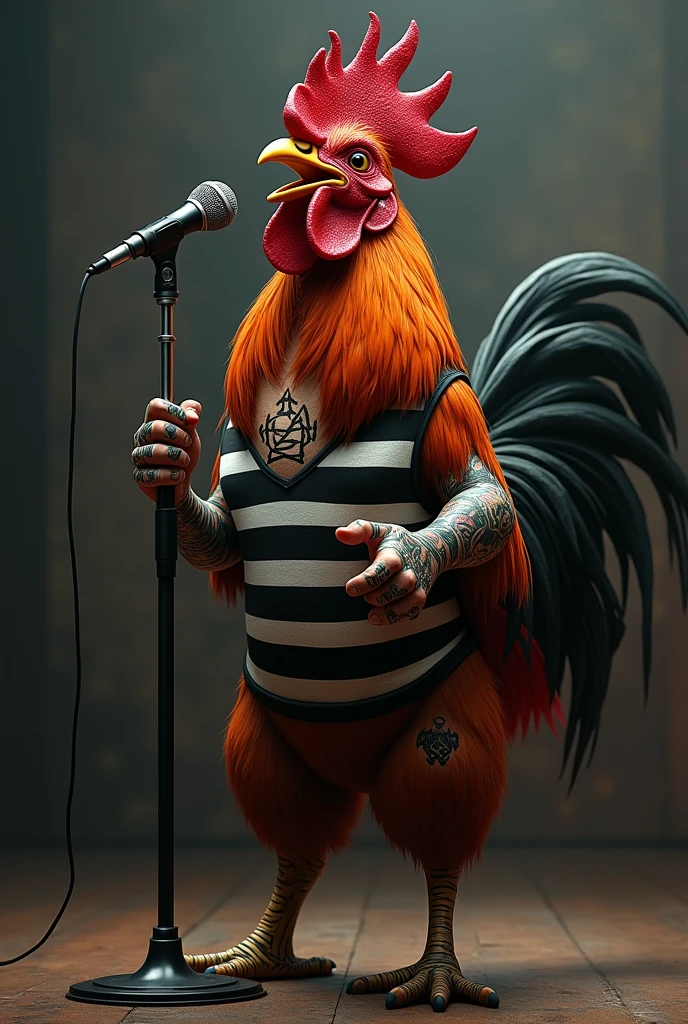 realistic image of a rooster color red orange and black feathers, in black and white striped prison clothes, with tattoos, singing at the show