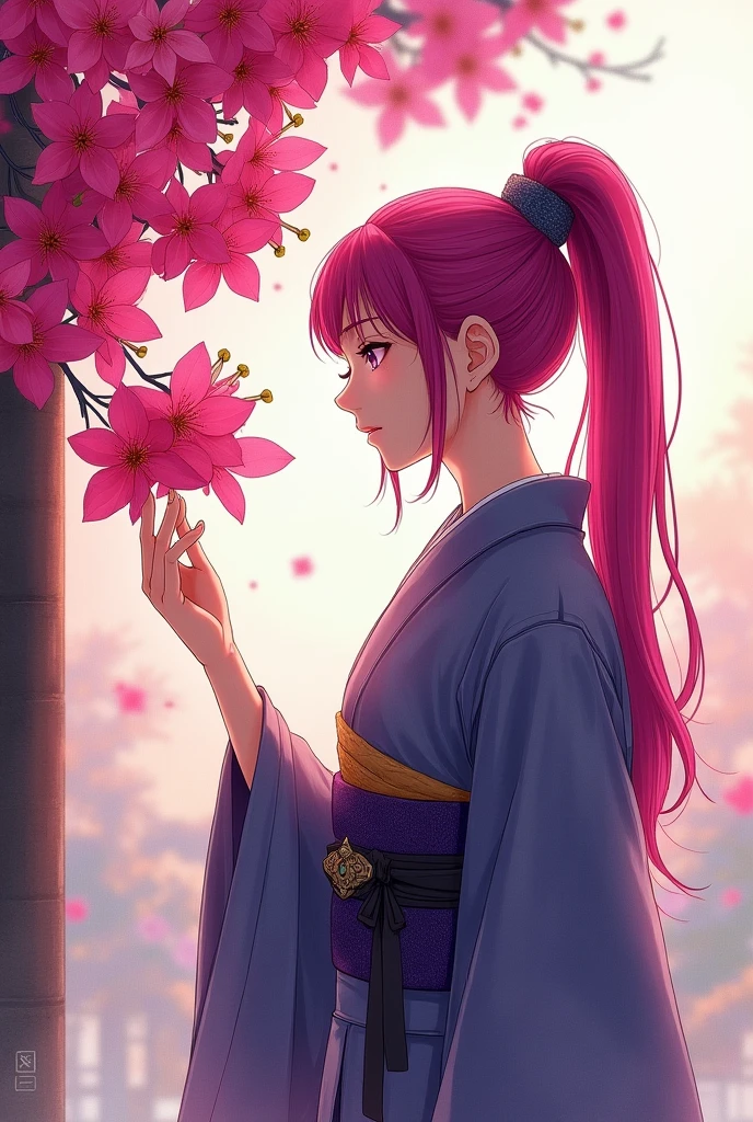 a samurai, wearing kimono with hair in magenta ponytail, touches the magenta bougaville flowers with his right hand. The composition is portrait. Chinese manga style illustration, anime in watercolor. Pinterest.