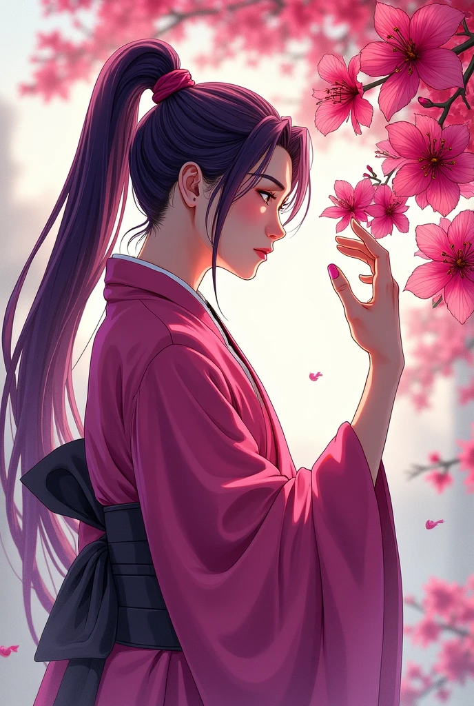 a samurai, wearing kimono with hair in magenta ponytail, touches the magenta bougaville flowers with his right hand. The composition is portrait. Chinese manga style illustration, anime in watercolor. Pinterest.