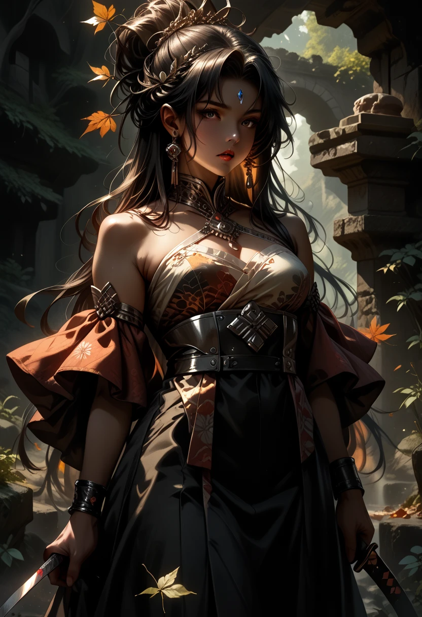 anime,(In the Katana Stone),Girl Attractive,Suitable for stone,autumn forest,Small paved path to the stone,Leaves are crumbling,Dress with diagonal patterns,Behind the stone,Statue-monument to a hero in armor and with long hair,I feel nostalgic,score_9, score_8_up, score_7_up,rating_explicit, Negative Prompt, masterpiece, high quality, clear detail, beautiful colors, 