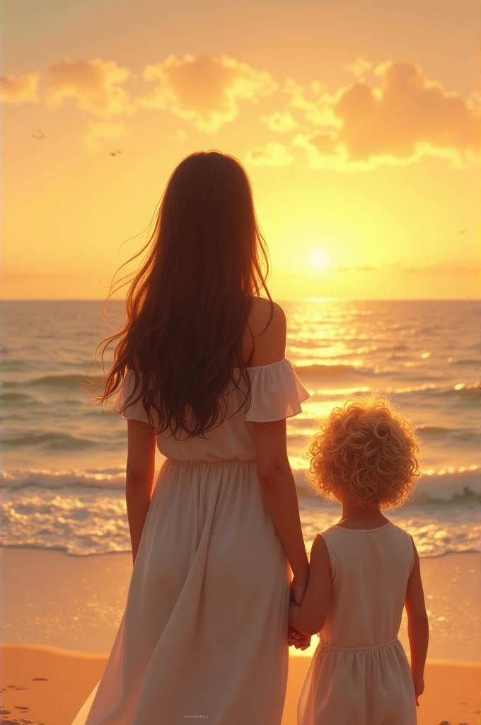 Create a light brown woman image, long straight brown hair. Next to a three year old, blond, curly hair, big and messy. Both are back to back looking at the sea on the beach at sunset.