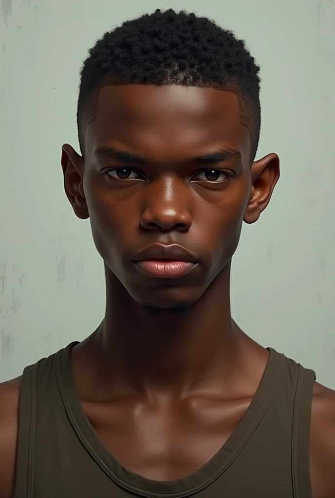 A tall, fat, black teenager with brown eyes and short hair and a mean face.