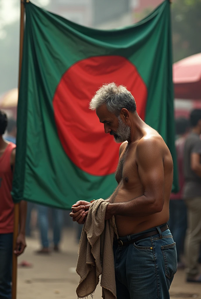 A Bangladeshi Man doing toilet naked in public place ,a Bangladeshi flag