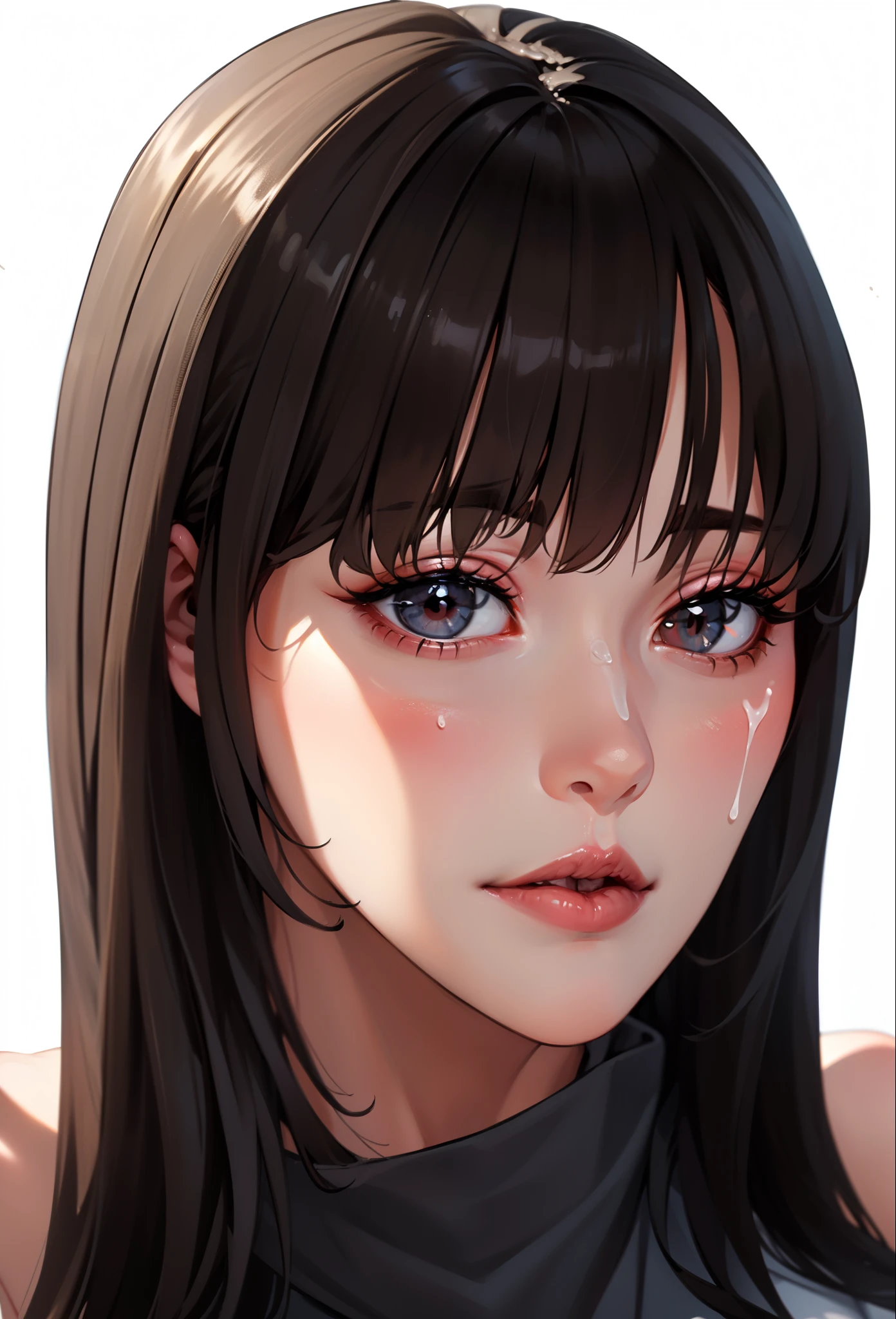 1 girl, black hair, esmerald (blank) (white background), light atmosphere, (light lighting), dark facial makeup, ((erotic expression))((mouth covered with semen))