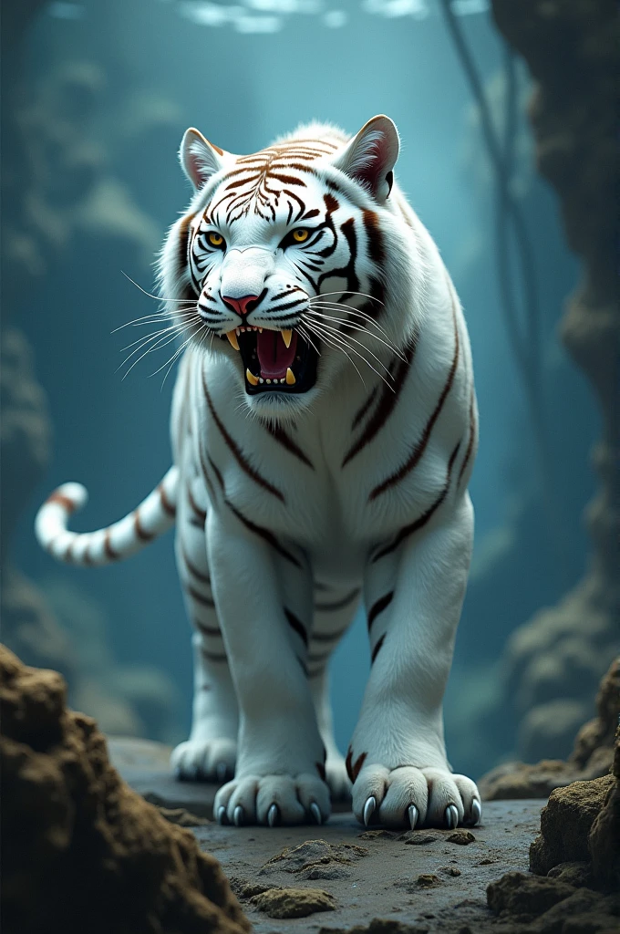 White tiger with shark fins and tiger paws and shark tail