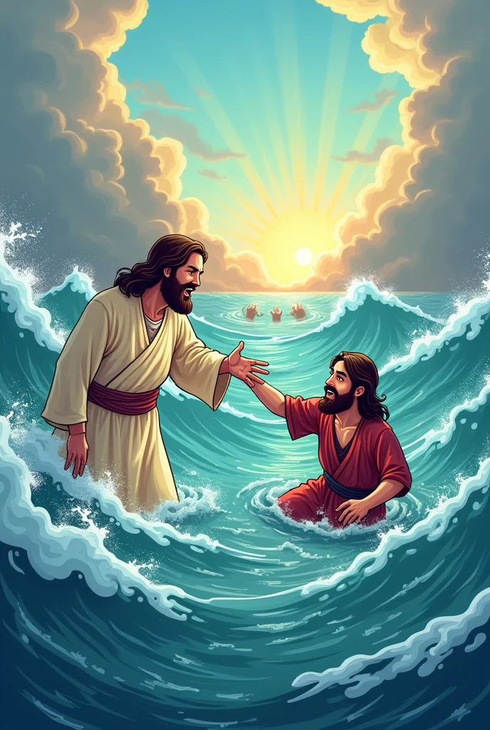Create a cartoon illustration of adult Jesus reaching out to adult Peter bringing him to the surface of the sea