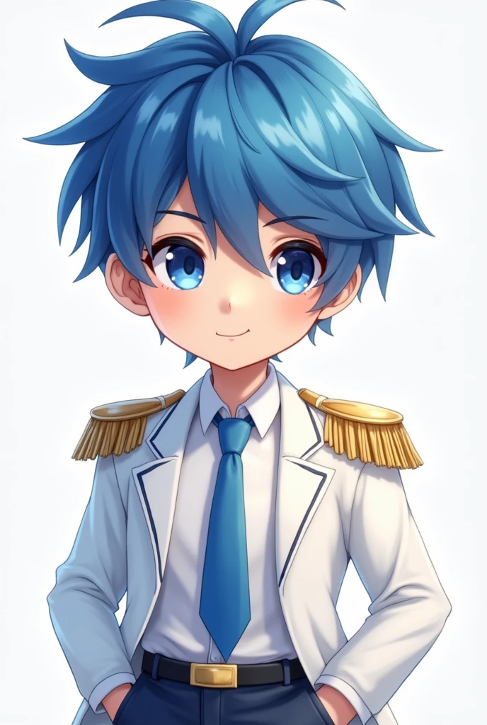 images for a Cute PNGTuber Model Cute male tuber PNG model with blue hair with blue and half dark blue eyes white shirt with blue tie and white prince coat with gold shoulder details