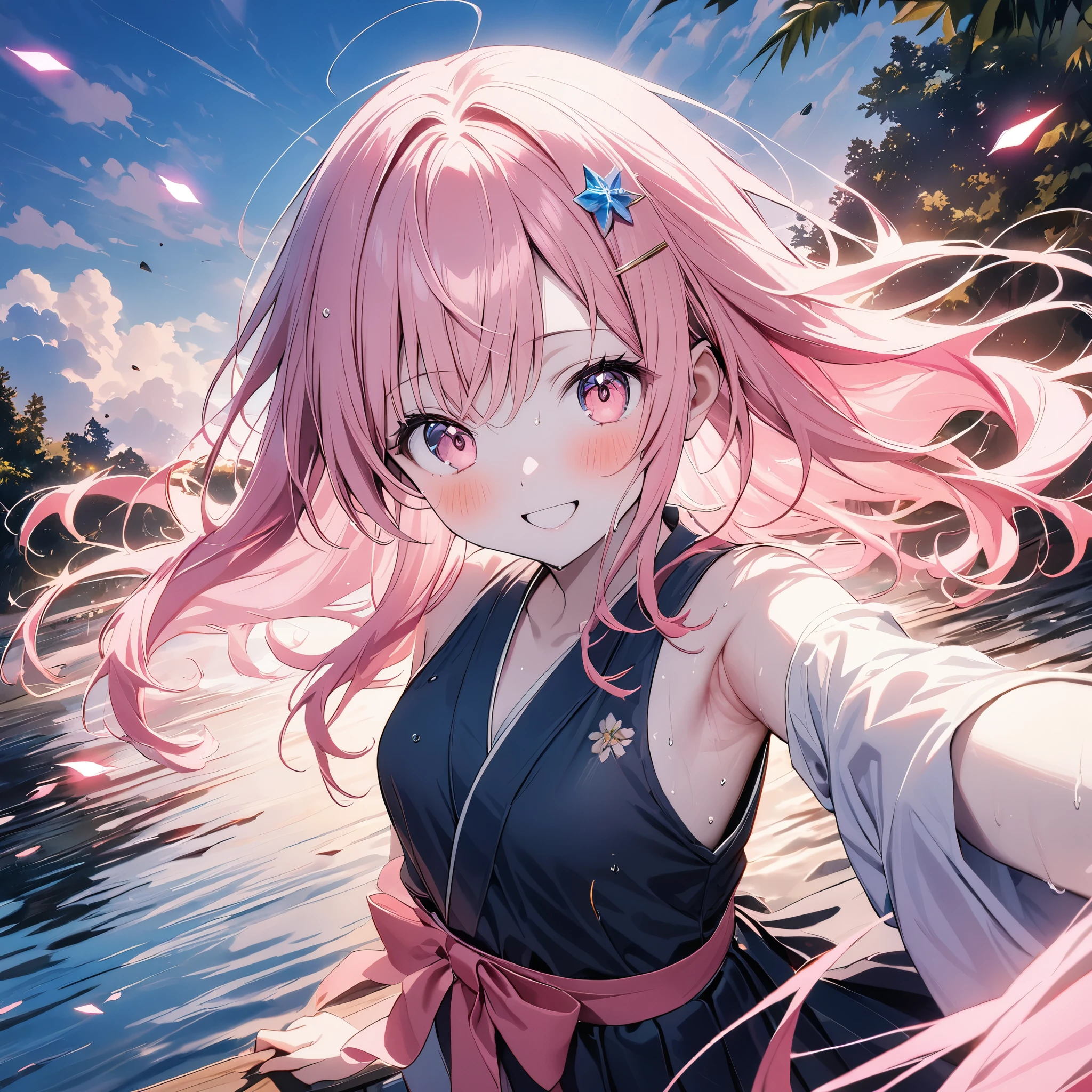 (1 person),(Best image quality, 8k, masterpiece:1.3), (high school student:1.5), ((Pink lob hair:1.1)), (Bobcut),(Swept-apart bangs), (Cute eyes, Iris Sky Blue, like々funny Face), (Standard weight), (Small breasts), (Glowing Skin:1.3),(Pale skin:1.2),(Sweaty skin:1.2),(smile),YunaX, Removable sleeves, kimono, sash, Hakama skirt, break ((Show me your armpits)),(Crystal Tree), (flying debris), (Highest quality), Very detailed, ((1 person)), Focus Only,dynamic,((smile)),Perfect Face, 美funny Face, Very detailedな顔,(Pink long hair_Pink Eyes:1.3),Swimwear,Idle only,Gorgeous hair ornament,smile,lake,smile,alone, 1 personの, blush,
blush,