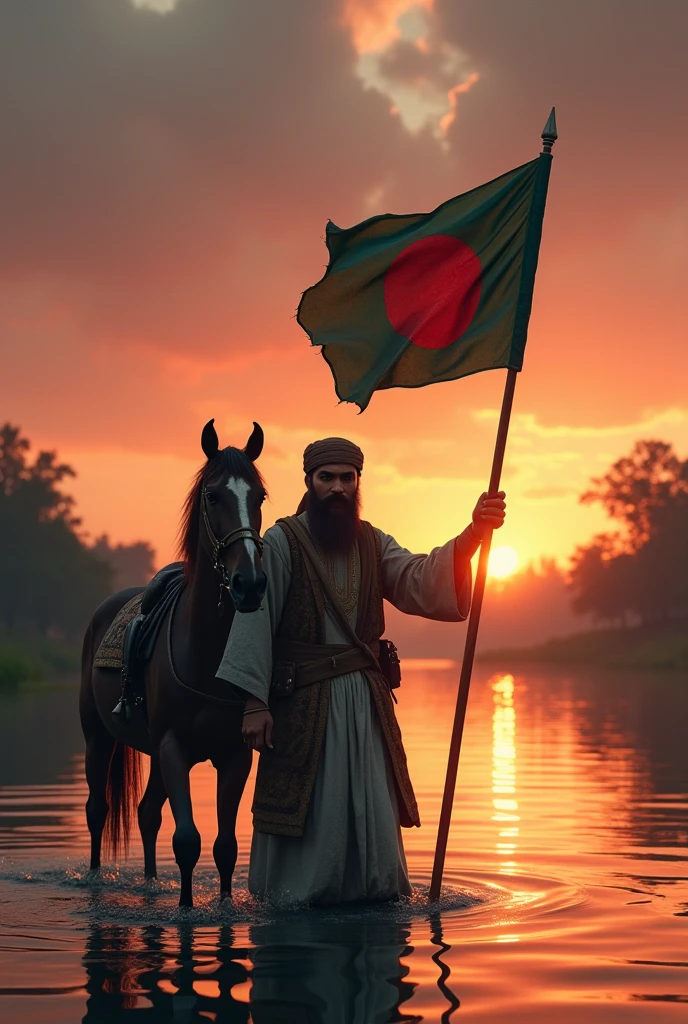 Mujahid with arm and Bangladesh flag in river sunset time with horse