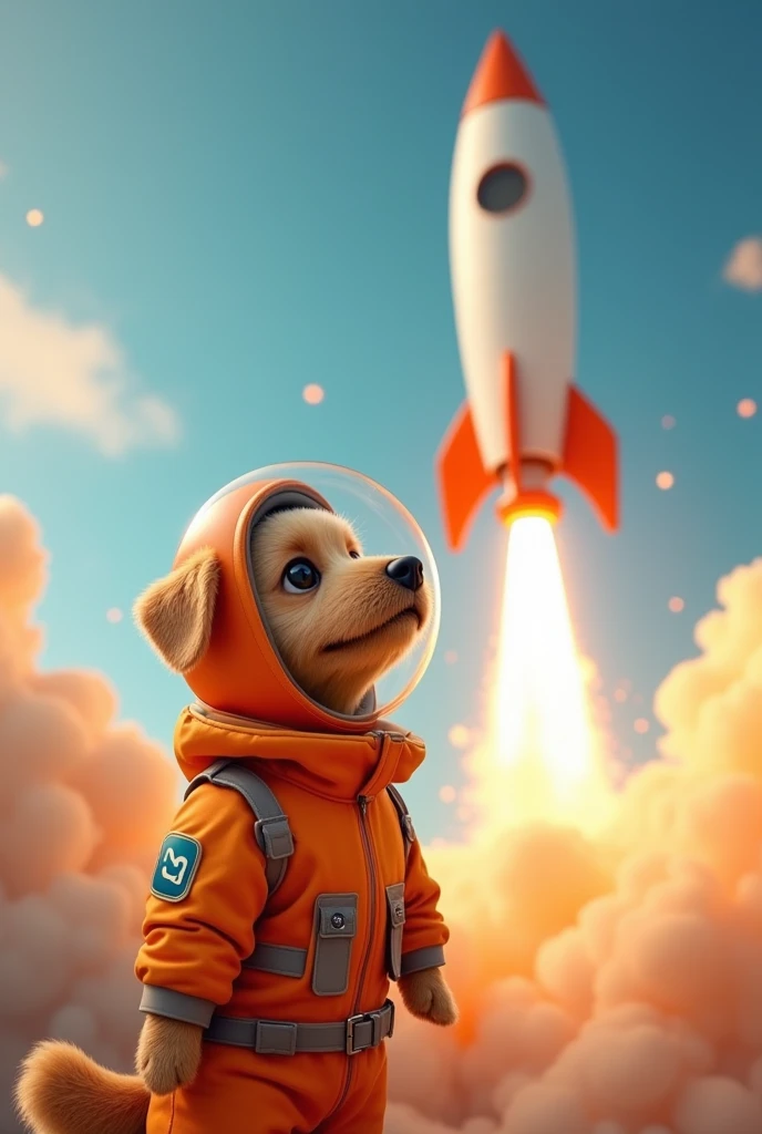 Shopee rocket taking off with a caramel dog wearing an orange astronaut helmet and dressed inside