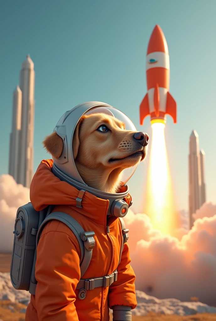 Shopee rocket taking off with a caramel dog wearing an orange astronaut helmet and dressed inside