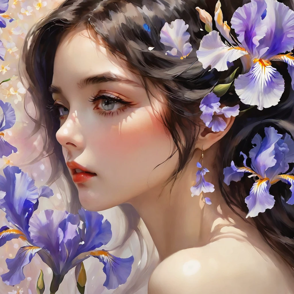 highest quality, masterpiece, surreal), Portrait of a beautiful and delicate profile girl, Playful and cute, Petals are floating in the background,Beautiful iris flowers