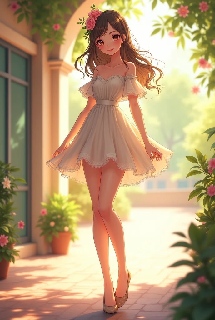 Ultra high quality,High heel,Off-shoulder,Long legs,Smile,Cheerful,Sunlight,full-body shot,Wear flowers on your head,charming,Beautiful girl,student,School Belle,cute