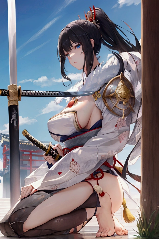 (Japanese women)、(Warrior Princess)、(Goddess of War)、(Black Hair)、(ponytail)、(Old Japanese Armor)、((Holding the Japan sword))、(True to prompts)、(Deluxe)、(Glaring with sharp eyes)、(unrealistic, Oversized breasts),(battlefield)、(grassland)、((A large number of soldiers))、(sunny)、(blue sky)、(Best lighting)、{{{Browsing Caution}}}、{{{masterpiece}}}, {{{Highest quality}}}, {{ultra-detailed}}, {{shape}}, {{{Very delicate and beautiful}}},{{extremely detailed CG}}、{{unity 8k portrait}}、{{Fabric Shading}}、{{super detailed skin}}、{{Perfect Anatomy}}、{{detailed}}、{{Dynamic Lighting}}、{{{beautiful detailed eyes}}}、{{{beautiful detailed Face}}}、(Perfect Legs)、(Perfect breasts)、(Perfect pose)、(Perfect body)