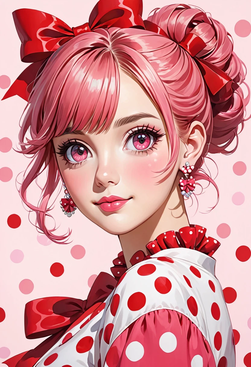 a drawing of a young woman with large red polka dots and big red bows, 1girl, solo, earrings, jewelry, pink hair,pink eyes , repolka dot, bow, looking at viewer, hair bun