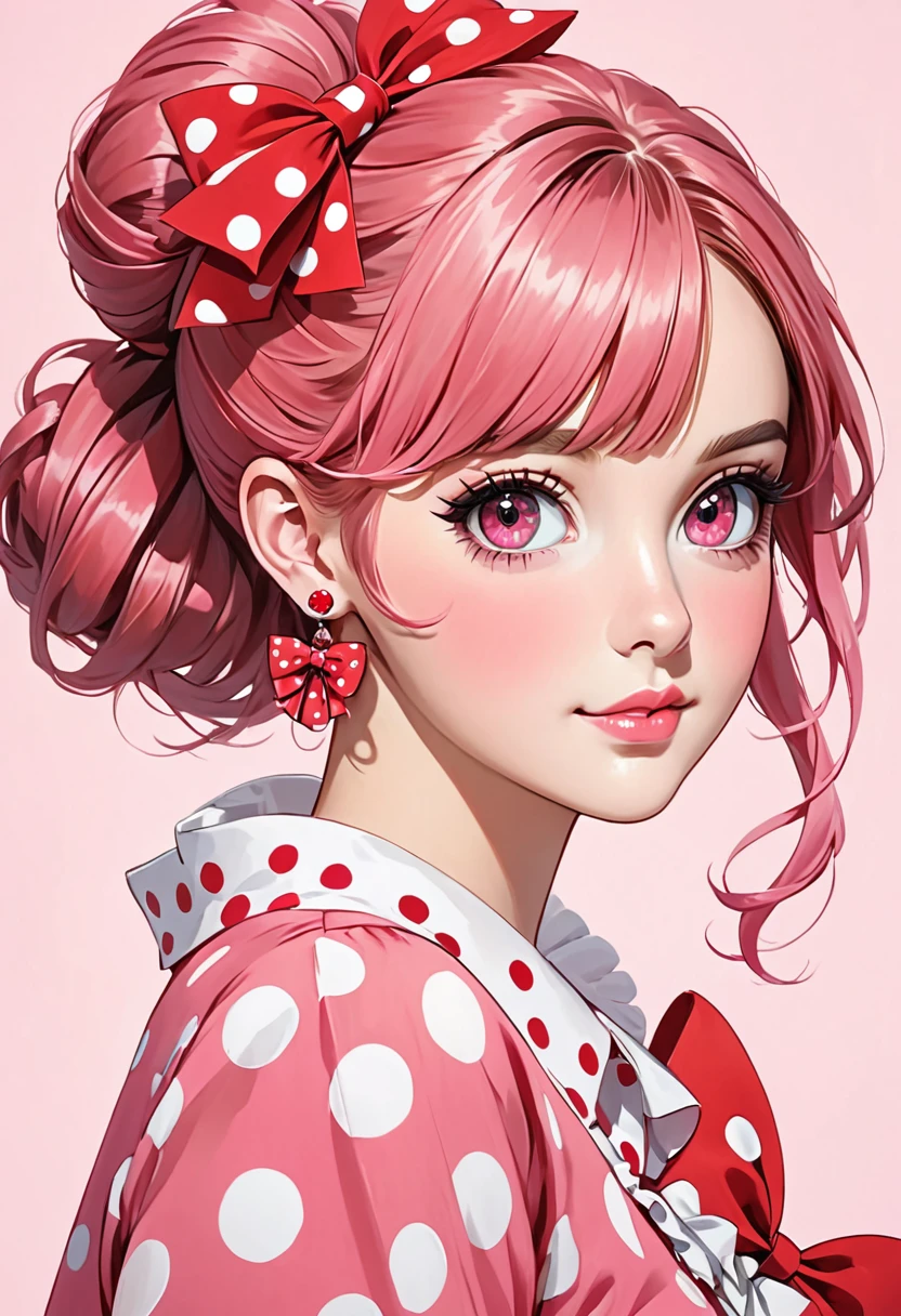 a drawing of a young woman with large red polka dots and big red bows, 1girl, solo, earrings, jewelry, pink hair,pink eyes , repolka dot, bow, looking at viewer, hair bun