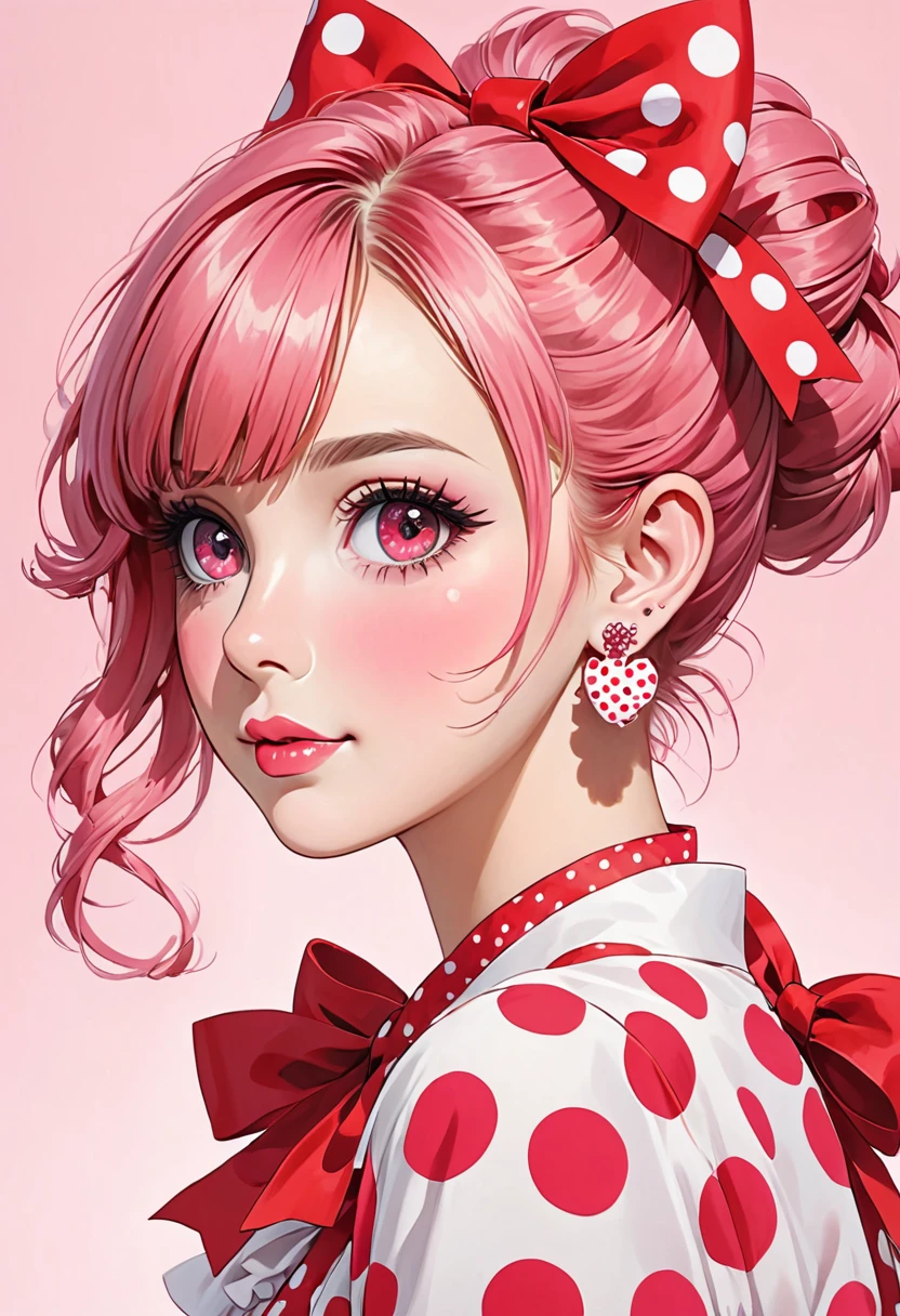 a drawing of a young woman with large red polka dots and big red bows, 1girl, solo, earrings, jewelry, pink hair,pink eyes , repolka dot, bow, looking at viewer, hair bun