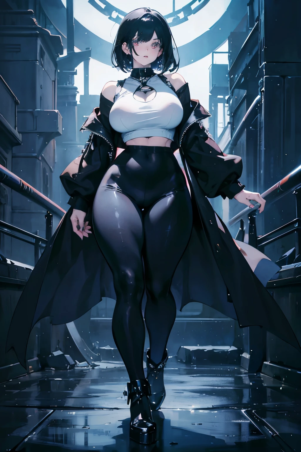 goth girl with big butt standing, black leggings, loose oversized white top, loose oversized short shirt, oppai proportions, sfw, thicc, large thighs, thick thigs, wide hips, goth aesthetic, thick, widest hips, giantess art, standing.