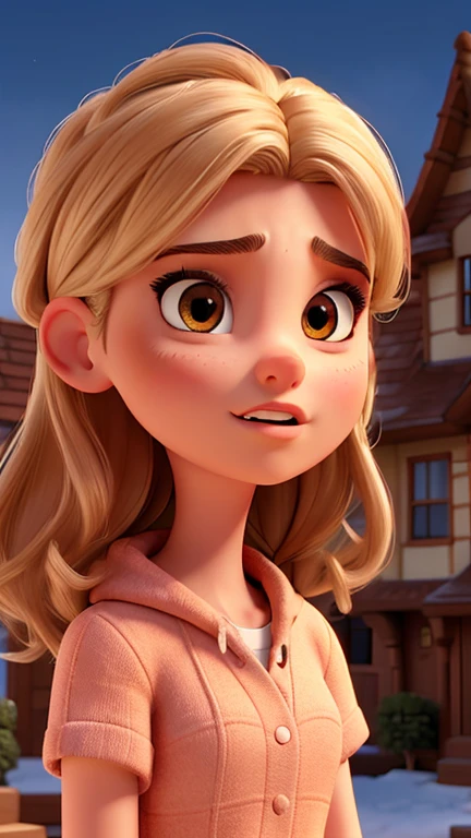 a 25-year-old   angry woman talk to a man ront of a house, disney style animation, cute cartoon character, beautiful detailed eyes, beautiful detailed lips, extremely detailed face and eyes, long eyelashes, expressive face, dynamic pose, vibrant colors, warm lighting, soft shadows, whimsical, playful, comedic, lighthearted, high quality, 4k, 8k, ultra-detailed, photo-realistic, professional, vivid colors, masterpiece, studio lighting