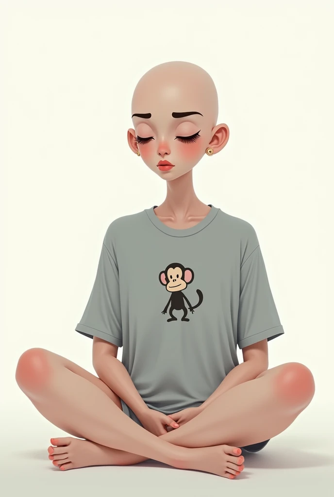 Nicki Nicole.
hairless. 
Feel it.
Gray t-shirt with a monkey drawing.
White background.
sitting.