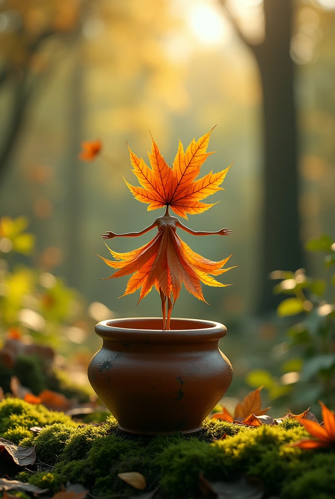 A whimsical miniature figure composed of delicately arranged autumn leaves, poised in a carefree dance on the rim of a weathered, moss-covered terracotta pot, set against a lush, vibrant forest backdrop, where dappled sunlight filters through the canopy above, casting intricate shadows. The overall aesthetic is ethereal, with warm, earthy tones of sienna, umber, and olive green, infused with hints of emerald and golden light, evoking a sense of wonder and enchantment, as if plucked from a fantastical realm.