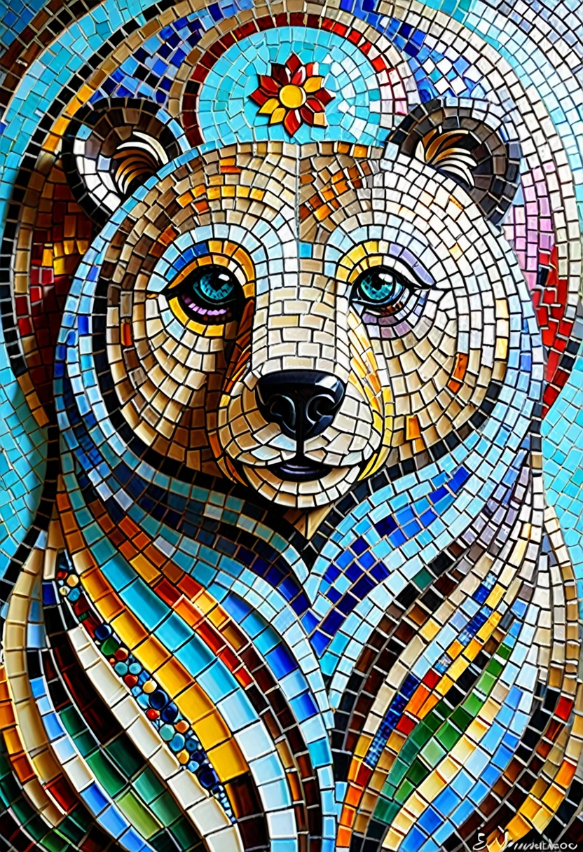 Masterpiece、Highest quality、color々なcolor、Mosaic tile, mural, Bear Godの全身, Bear God, Great art, Bear masterpiece, 細部まで全てMosaic tileで作成された芸術作品, Bear details, Visionary art, Kumajiro, Great art, Great art, highly detailed , By Eva Švankmajerová, Writer：Lee Miss,modern art, pop art, 