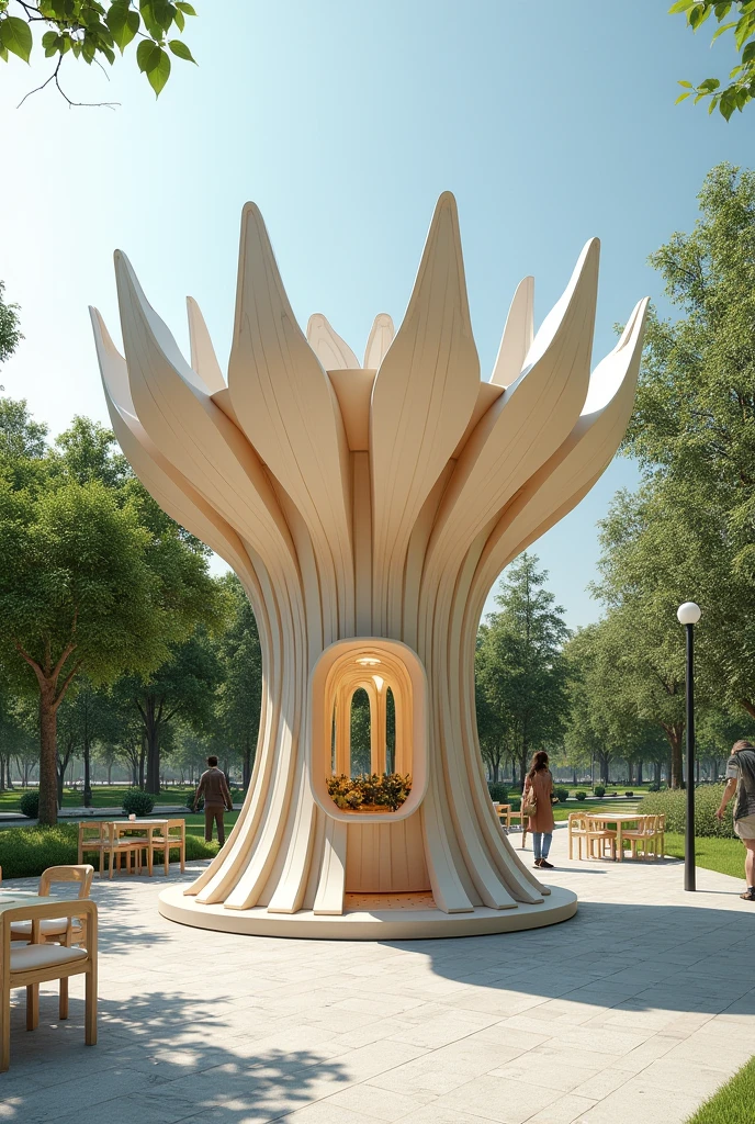 A kiosk without walls that is inspired by a flower, that they are in neutral colors, that the kiosk starts from the center like a stem and extends outwards like the petals ñ, but let all the petals fall down, in the style of architectural design in a park with tables and chairs