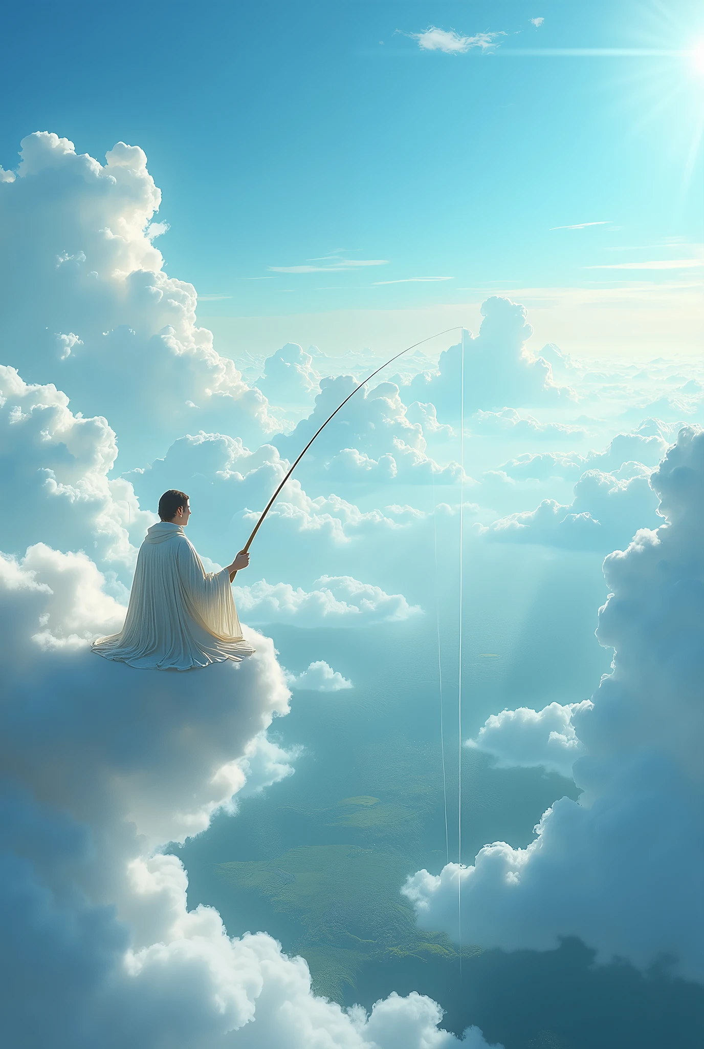 Fishing in heaven, a long fishing line that reaches far down to the earth below, hanging from a fishing line after sitting on a cloud in heaven,