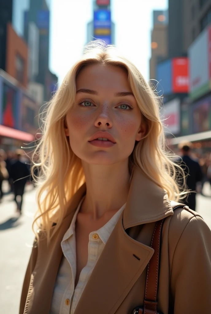 create an influencer,blonde hair,Scandinavian,light eyes,light brown skin, spotty, girl next door,detailed body to face, im Bett, 8k resolution,in New York,During the day, in sun,body should be completely visible, elegant clothing,with handbag, in the middle of time square,photo taken with camera flash, from front view,face 4k resolution