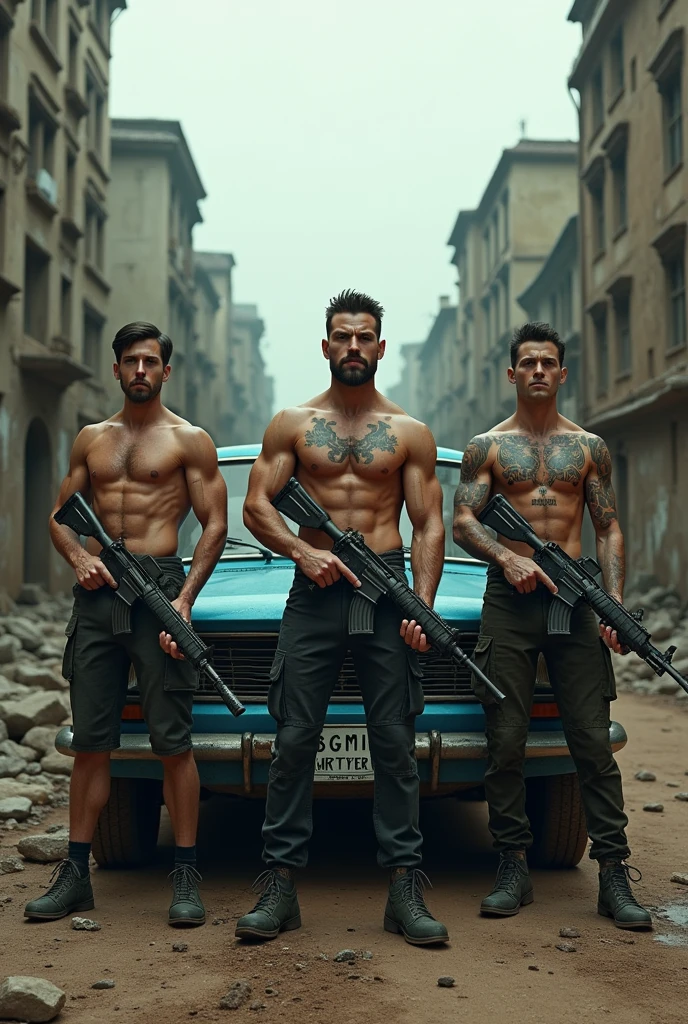 Generate a picture of 4 men and Each one are holding guns . The upper part of all of them are naked and They have their self name tatoo on their chest. The leader name is Toxic 01 and other three names are Toxic 03 , Toxic 00 , Toxic 08. All names tatoo should clearly visible. They all are standing in front of a old blue dacia car . BGMI PARTNER are printed on car front bonate. This are are situated in infected area.