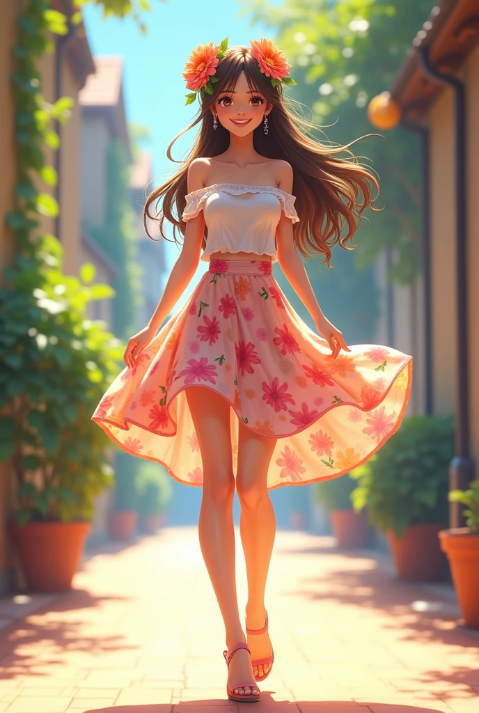 Ultra high quality,High heel,Off-shoulder,Long legs,Smile,Cheerful,Sunlight,full-body shot,Wear flowers on your head,charming,Beautiful girl,student,School Belle,cute,Floral skirt