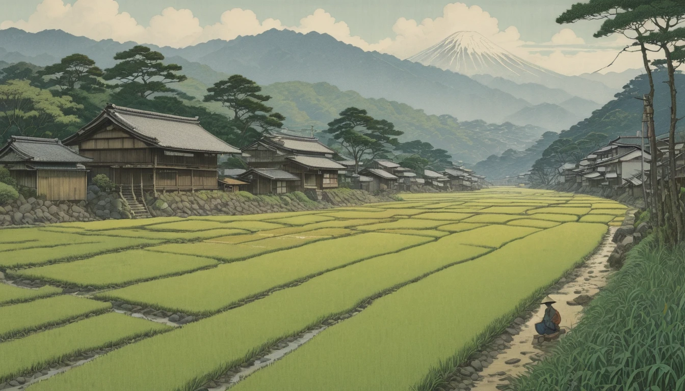 Paddy field, by Kawase Hasui, Highest quality, masterpiece, Representative works, Official Art, Professional, Super intricate details, 8k