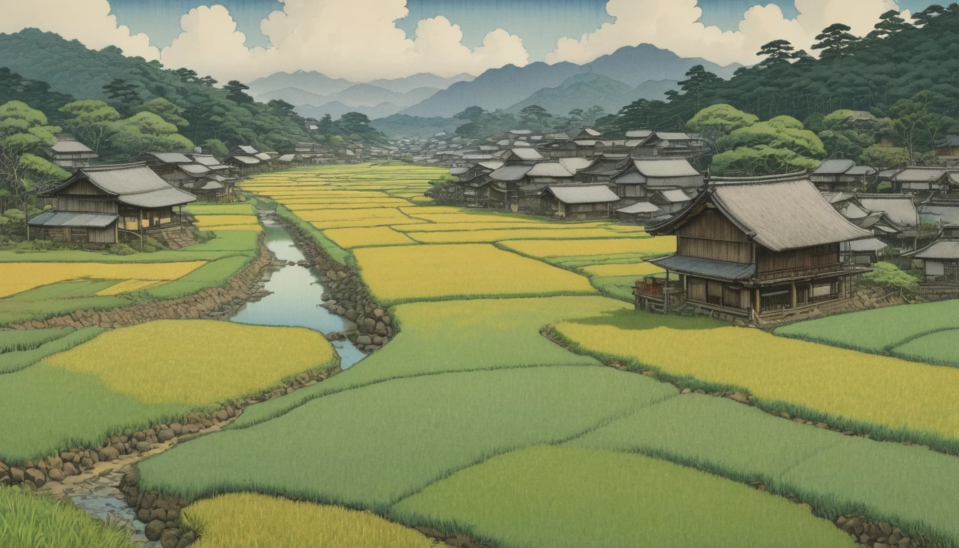 Paddy field, by Kawase Hasui, Highest quality, masterpiece, Representative works, Official Art, Professional, Super intricate details, 8k