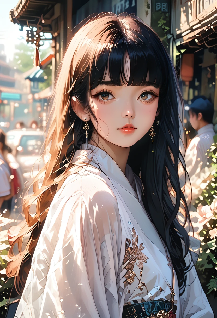 there is a woman with long hair wearing a white jacket and a bow tie, korean girl, realistic young anime girl, chinese girl, anime girl in real life, anime girl with long hair, white hime cut hairstyle, cute natural anime face, realistic anime 3 d style, beautiful anime girl, with cute - fine - face, beautiful anime portrait, beautiful south korean woman