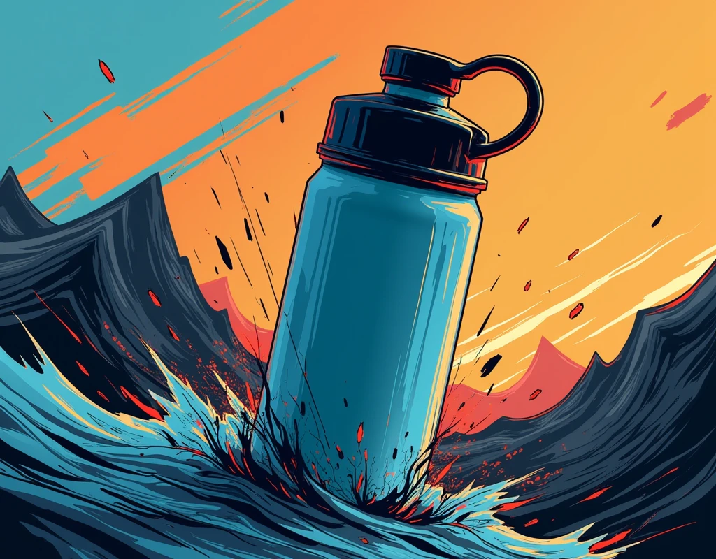 A dynamic background for a water bottle, Inspired by GoPro&#39;s adventurous and vibrant style. The image includes slender diagonal lines and angular shapes that give a sense of movement and speed., with flowing waves and broken sections to create visual energy. The design is minimalist, with a contrast between black tones, dark grey and vibrant shades of electric blue or orange. Abstract elements like sketches, Stylized light and shadow trajectories evoke extreme sports and the essence of exploration. The whole thing is designed to give an energetic and modern effect that stands out on the surface of the bottle..(( no water bottle in the picture)