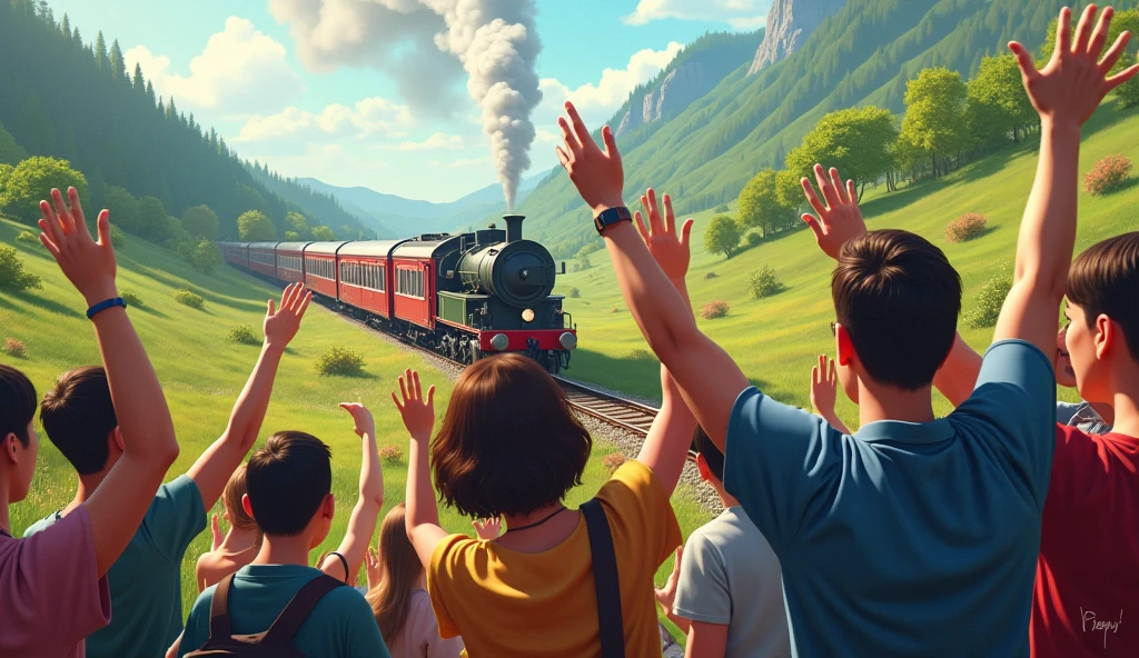 The passengers all wave and cheer,
As the train comes near and near.
Through the valleys, over hills,
It’s an adventure full of thrills.